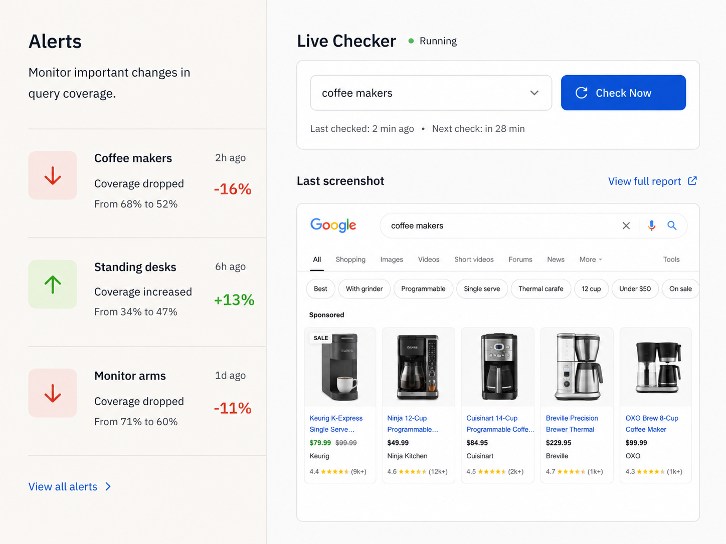 Alerts panel: three rows of query coverage changes